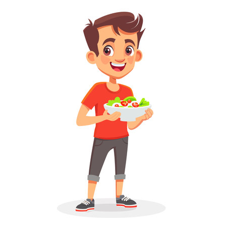 Cute little boy eating healthy food. Vector illustration in cartoon styleのイラスト素材