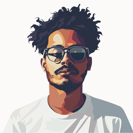 Portrait of a young man with curly hair and sunglasses. Vector illustration.