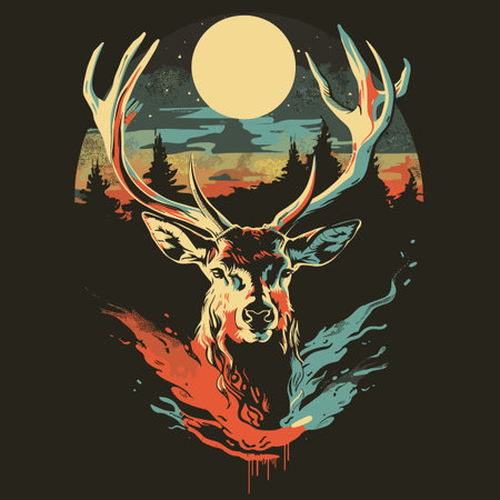 Deer head on the background of the night forest. Vector illustration.のイラスト素材