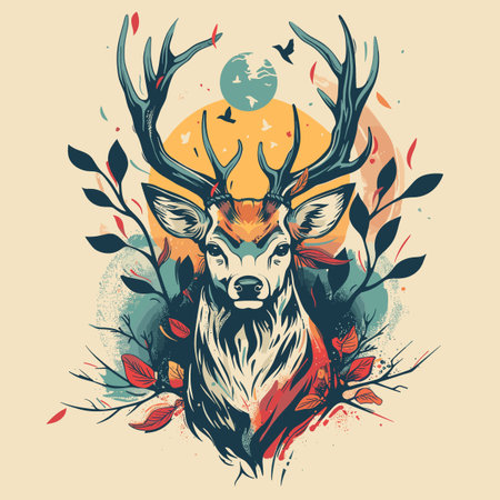 Vector illustration of deer in the forest. Hand drawn style design.のイラスト素材