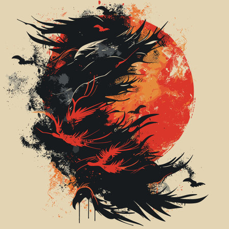 grunge background with dragon and flying birds, vector illustration.のイラスト素材