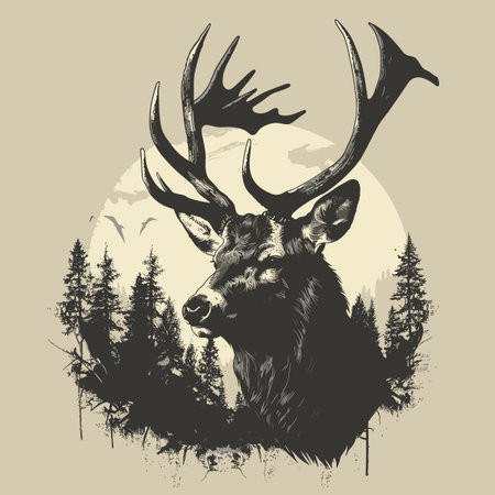 Deer head with big antlers in the forest. Vector illustrationのイラスト素材