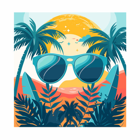 Tropical beach with palm trees and sunglasses. Vector illustration.のイラスト素材