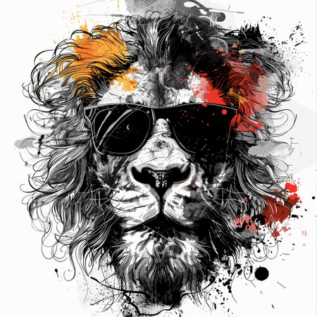 Hand drawn sketch of lion with sunglasses and colorful splashes. Vector illustration.