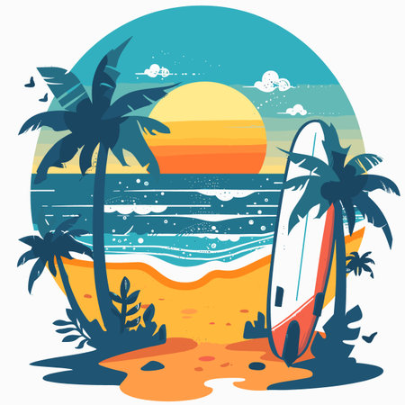 Surfboard and palm trees on the beach. Vector illustration.のイラスト素材