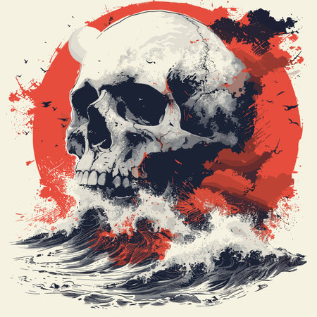Skull on the background of the sea waves. Vector illustration.のイラスト素材