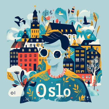 A man wearing sunglasses is wearing a shirt that says Oslo. The image is a colorful drawing of a city with buildings and treesのイラスト素材