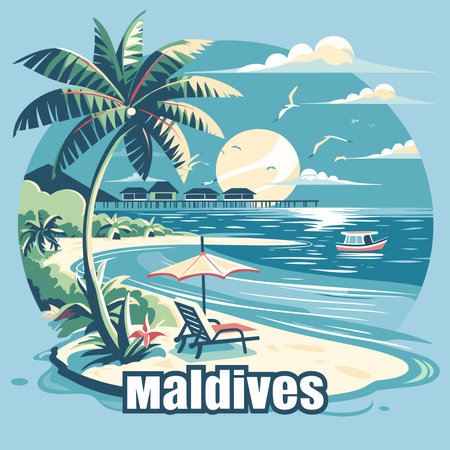 A Maldives tropical beach scene with a palm tree and a boat. The image is titled Maldives. Scene is relaxing and peacefulのイラスト素材