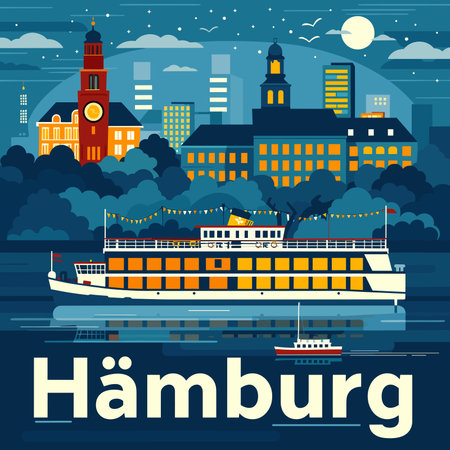 A cityscape of Hamburg with a boat on the water. The boat is white and is in the foreground. The city is lit up at nightのイラスト素材