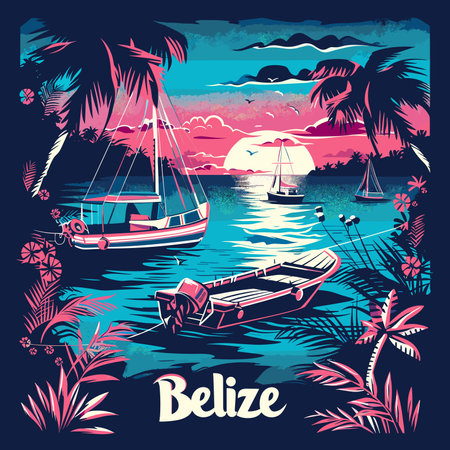 A painting of a tropical island Belize with boats and palm trees. The word BELIZE is written in pinkのイラスト素材