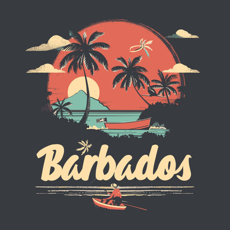 A Barbados tropical island with a sunset in the background. A boat is in the foreground. The island is called Barbadosのイラスト素材