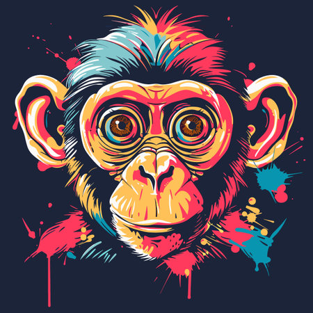 Vector illustration of a monkey with a colorful head on a dark background.のイラスト素材