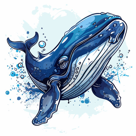 Whale vector illustration. Hand drawn blue whale with splashes.のイラスト素材