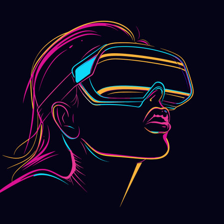 Woman with virtual reality glasses. Vector illustration. Isolated on dark background.のイラスト素材