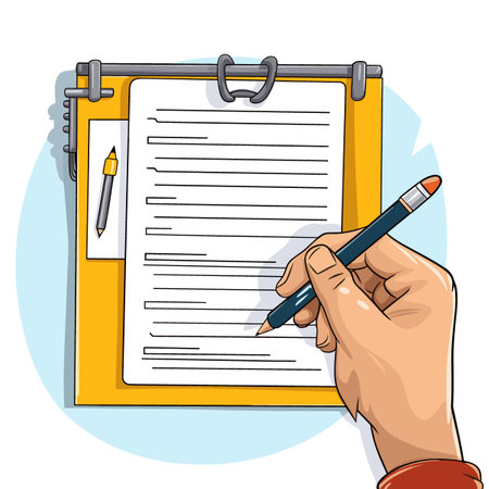 Illustration of a human hand writing on a clipboard with a pencilのイラスト素材