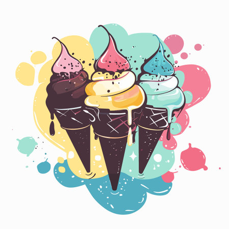 Ice cream vector illustration. Hand drawn ice cream with colorful splashes.のイラスト素材