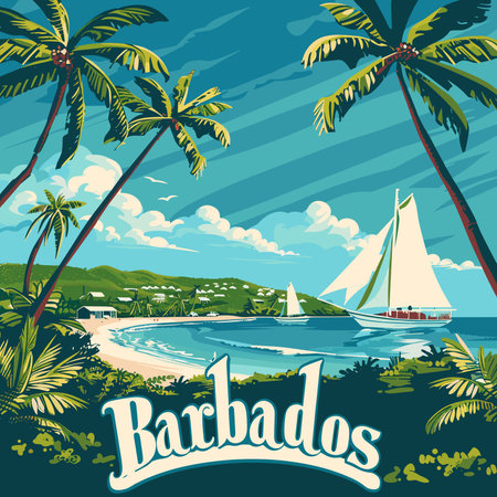 A painting of a Barbados beach with palm trees and a sailboat. The word Barbados is written in white letters on the bottom of the paintingのイラスト素材