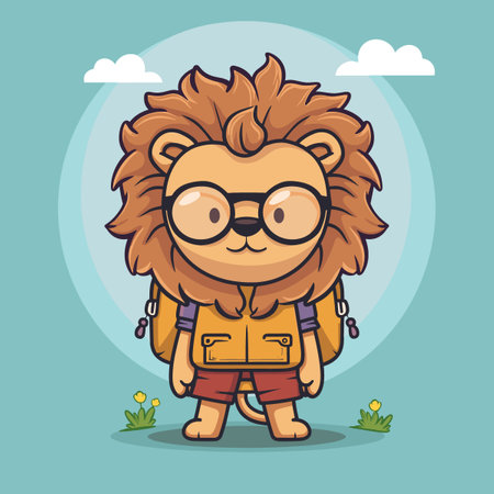 lion cartoon with backpack and glasses vector illustration eps 10.のイラスト素材