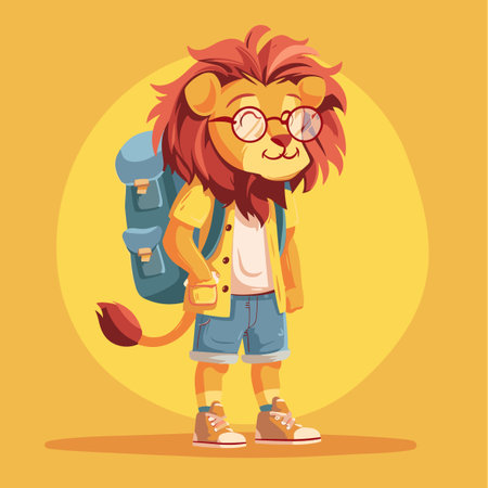 Lion with backpack. Vector illustration of a cartoon character on a yellow background.のイラスト素材