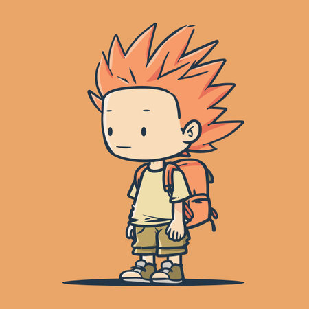 A cartoon boy with orange hair and a backpack. He is standing on a yellow background. The boy is looking at the camera with a serious expressionのイラスト素材