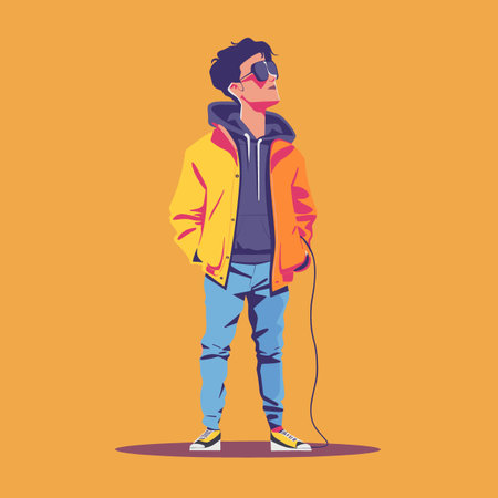 Young man with headphones listening to music. Vector illustration in cartoon styleのイラスト素材