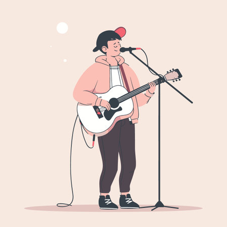 Vector illustration of a young man playing the guitar. Flat style.のイラスト素材
