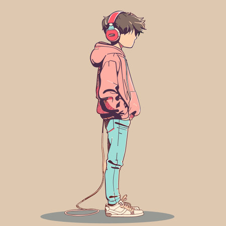 Young boy with headphones listening to music. Vector hand drawn illustration.のイラスト素材