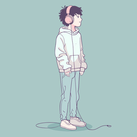 Vector illustration of a young man listening to music in headphones. Isolated on blue background.のイラスト素材