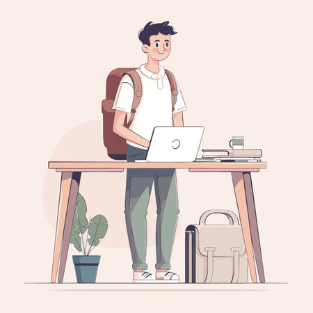 Young man working at home. Vector illustration in a flat style.のイラスト素材