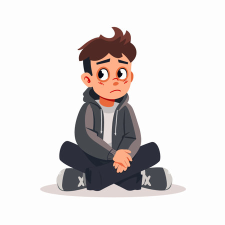 Sad boy sitting on the floor. Vector illustration in cartoon style.のイラスト素材