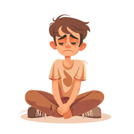Sad boy sitting on the ground and crying. Vector cartoon illustration.のイラスト素材