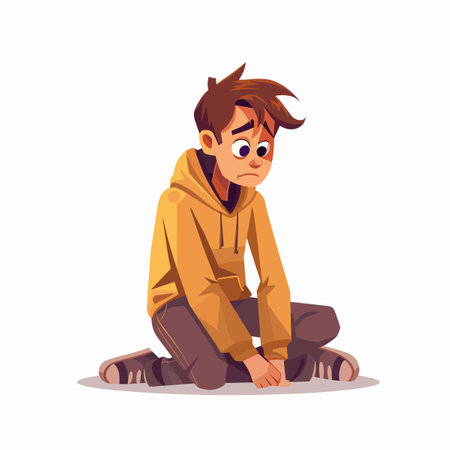Sad boy sitting on the floor. Vector illustration in cartoon style.のイラスト素材