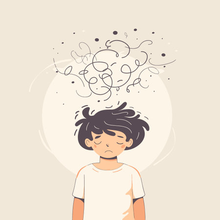 Vector illustration of a boy with a lot of thoughts on his headのイラスト素材