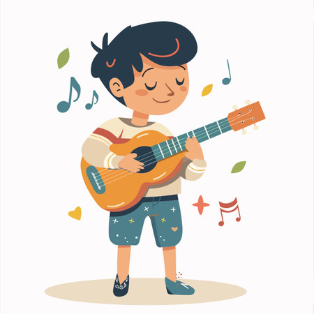 Boy playing the ukulele. Vector illustration in cartoon style.のイラスト素材