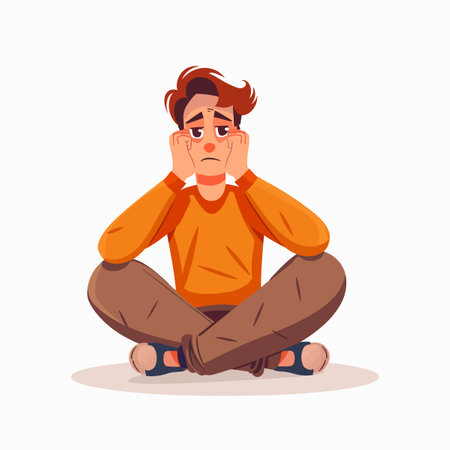 Sad young man sitting on the floor. Vector illustration in cartoon styleのイラスト素材