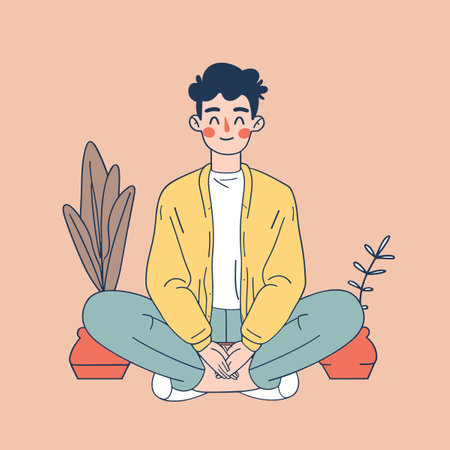Young man meditating in lotus pose. Vector illustration in flat style.のイラスト素材