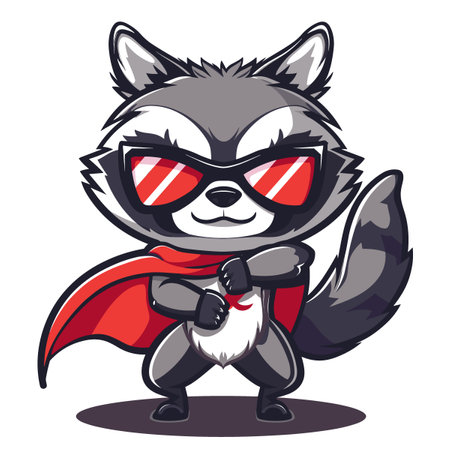 Superhero raccoon with red cape and sunglasses. Vector illustration.のイラスト素材