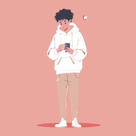 Young man with a mobile phone in his hands. Vector illustration.のイラスト素材