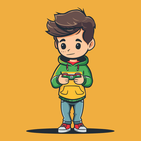 Cute boy playing video games. Vector illustration in cartoon style.のイラスト素材