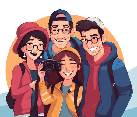 Group of tourists with camera smiling cartoons vector illustration graphic design vector illustration graphic designのイラスト素材