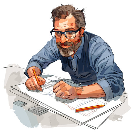 Architect working on blueprint. Vector illustration of a man in glasses.のイラスト素材