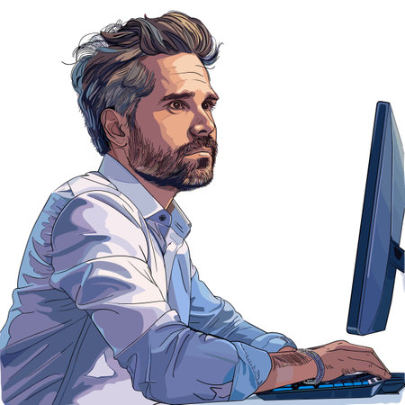 Vector illustration of a man with a beard working on the computer.のイラスト素材