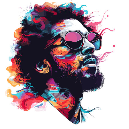Portrait of a man with curly hair and sunglasses. Vector illustration.のイラスト素材