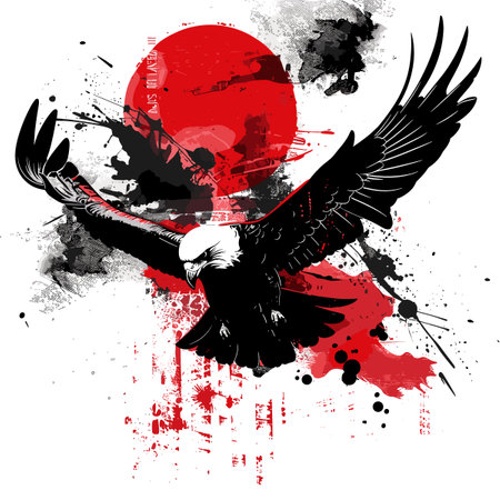 grunge eagle with red sun and grunge splashes backgroundのイラスト素材
