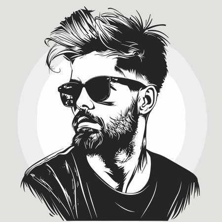 Hipster man in sunglasses. Vector illustration in black and white.のイラスト素材