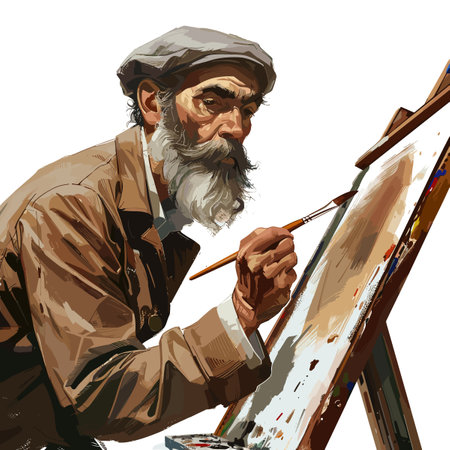 Old artist painting a picture on canvas. Hand drawn vector illustration.のイラスト素材