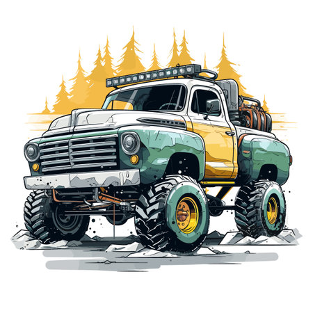 Off-road vehicle in the mountains. Vector illustration of an off-road vehicle.のイラスト素材