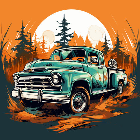 Vintage Pickup Truck in the Forest. Vector Illustration.のイラスト素材