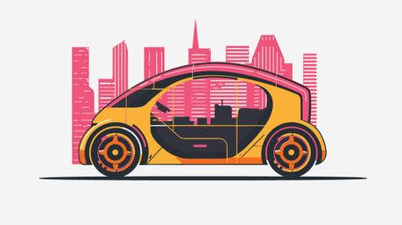 Modern electric car on the background of the city. Vector illustration.のイラスト素材