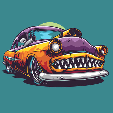 Vintage car with open mouth. Vector illustration in cartoon style.のイラスト素材